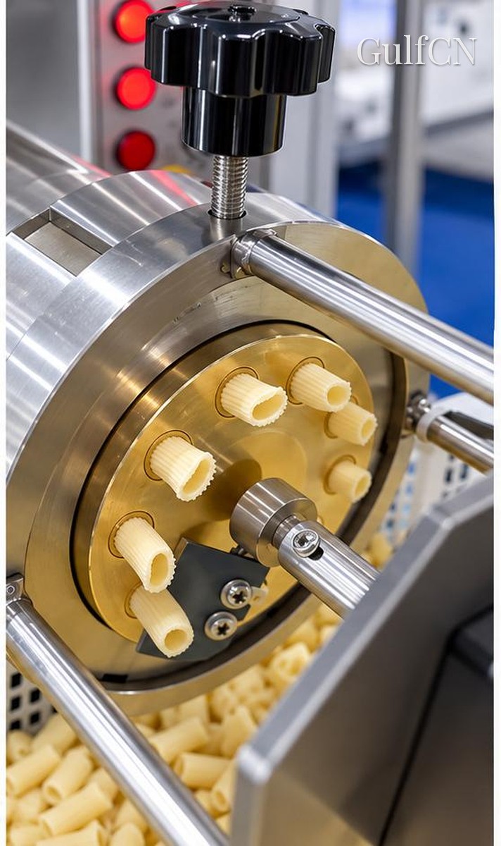 Pasta extrusion die forming ridged tubular pasta at a China trade fair