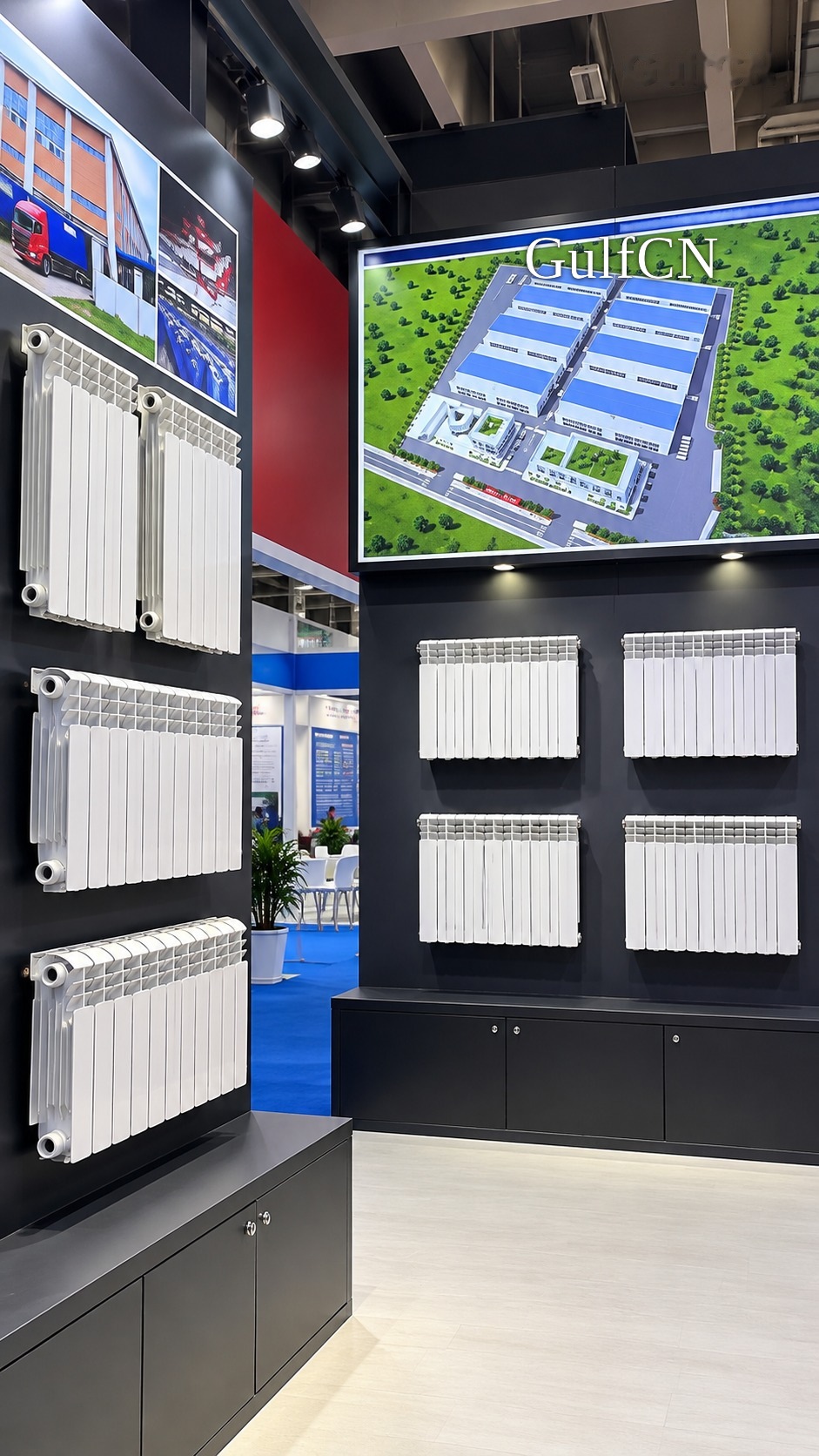 Heating radiators on a Chinese manufacturer stand for a Dubai sourcing brief