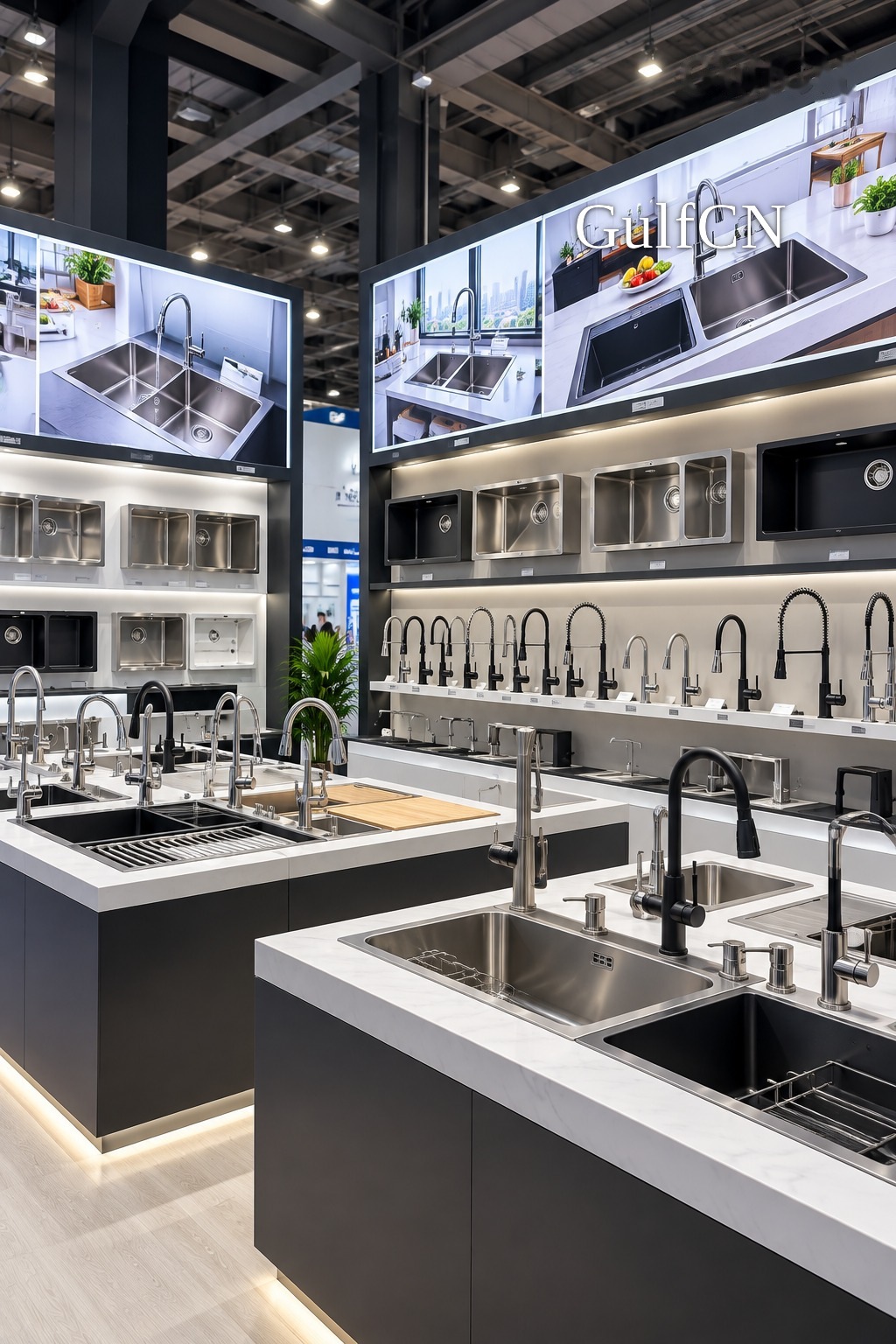 Kitchen sinks and faucets on a Chinese manufacturer stand for a Dubai sourcing brief