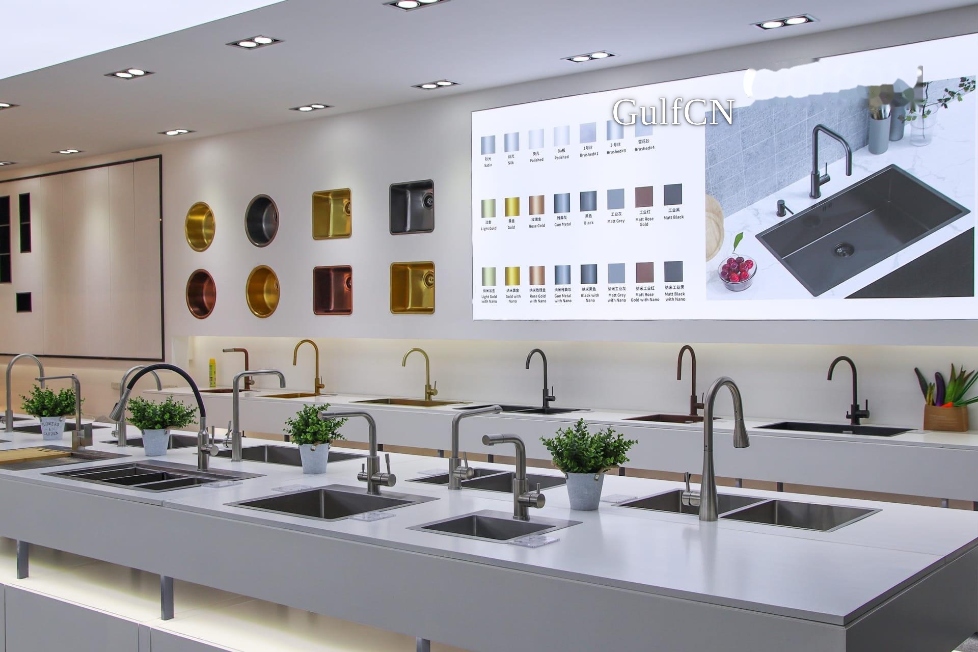 Stainless steel sinks and finishes on a Chinese manufacturer stand for a Dubai brief
