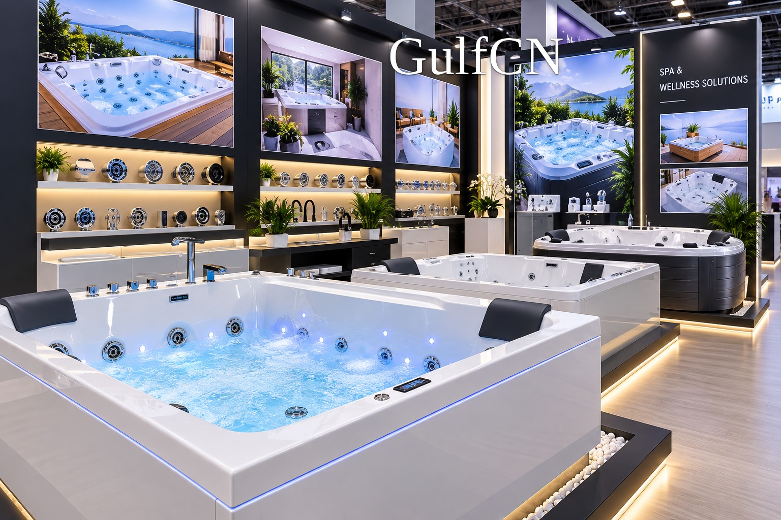 Whirlpool spa display checked at an industry exhibition in China