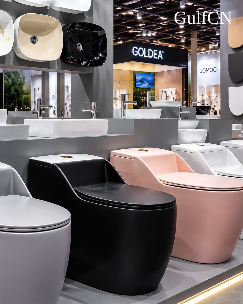Coloured sanitary ware at an industry exhibition in China