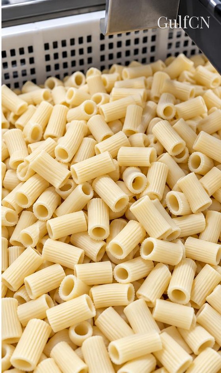 Finished ridged tubular pasta from the extrusion line