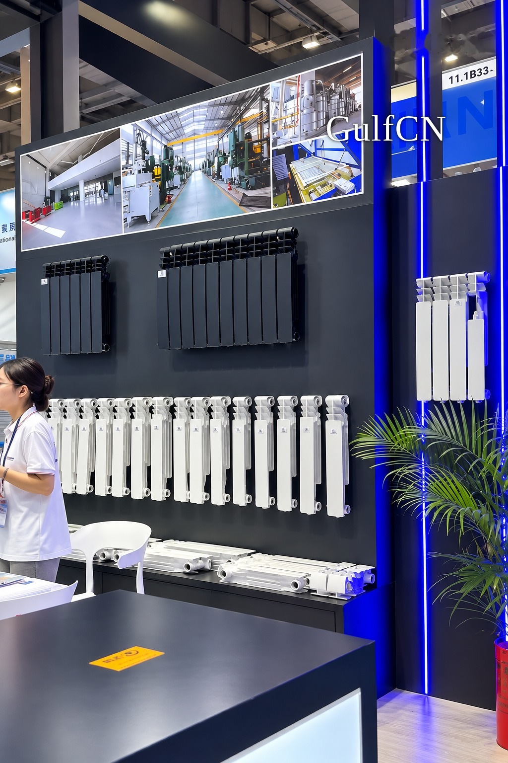 White and dark heating radiator panels at a Chinese exhibition stand